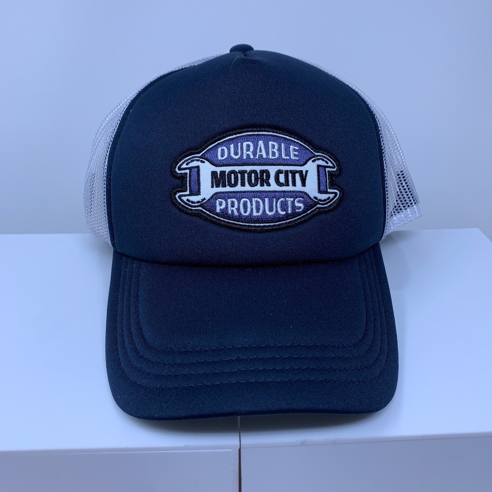 Old Navy Mens OS Navy Blue Motor City Patch Mesh Back Trucker Hat NWT